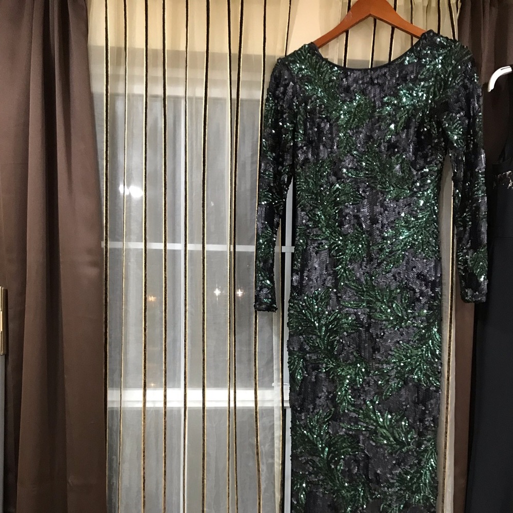 Emerald green and black long sleeve sequin gown
